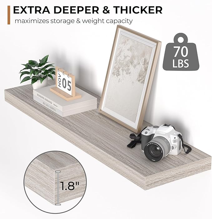 Floating Shelves - 10.3 Inch Deep Wall Shelf for Decor & Storage - Wall Mounted Display Shelving with Invisible Heavy-Duty Metal Bracket - 36" W x 10.3" D x 1.8" H - Set of 1 - Rustic Grey-Ruum Studio Home