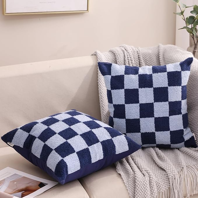 Alysheer Checkered Embroidered Decorative Throw Pillow Covers 18"x 18" Set of 2, Classic Chic Navy Blue Plaid Tufted Patterned Cotton Canvas Cushion Case for Sofa Couch Bed Living Room-Ruum Studio Home