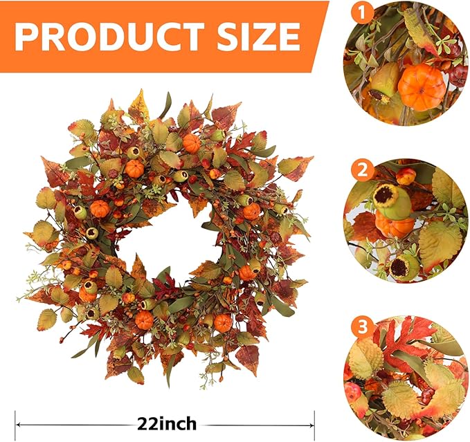 22 inch Artificial Fall Wreaths for Front Door,Autumn Wreath with Pumpkin and Maple Leaves Suitable for Indoor Outdoor Wall Porch Harvest Festival Thanksgiving Day Farmhouse Holiday Decor.-Ruum Studio Home