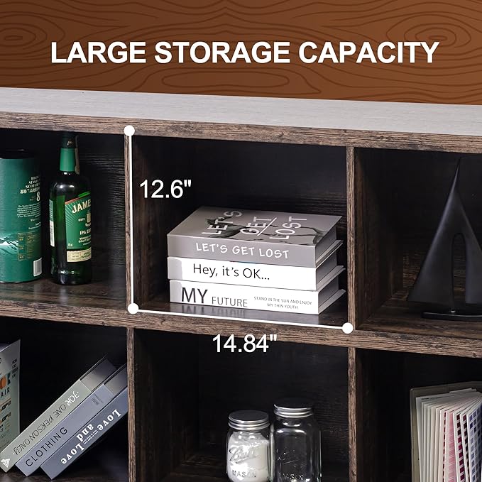 8 Cube Storage Organizer Bookshelf, Industrial Horizontal Bookcase, Accent Cubby Shelf, Media Console Table for Living Room, Home Office, 63 Inches, Dark Grey Oak-Ruum Studio Home