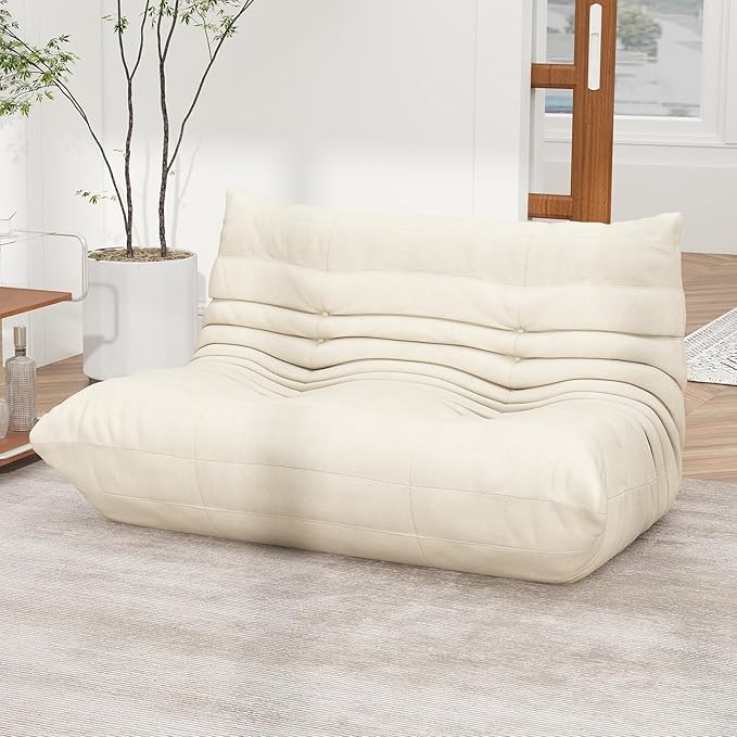 Full Foam Loveseat Sofa,Adults Bean Bag Chairs Floor Couch with Soft Waterproof Fabric,Armless Fireside Lounge Chair for Living Room,Apartment and Office (Whtie)-Ruum Studio Home
