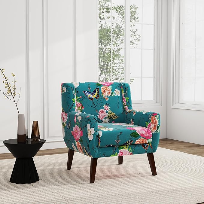 UIXE Floral Accent Chair, Modern Upholstered Armchair in Fabric for Living Room, Comfy Club Arm Chairs Single Sofa Button Tufted Bedroom Reading Seat - Pattern Blue, Set of 1-Ruum Studio Home
