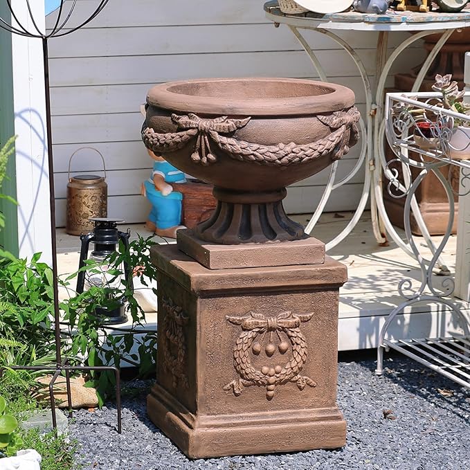 Vintage Garden Urn Planter with Pedestal, Cement and Fiber, Maked Bronze Color, Decorative Leaf Pattern, 30 Inch Height, Wrap Foam Safely Delivered from Local Warehouse (Bronze)-Ruum Studio Home