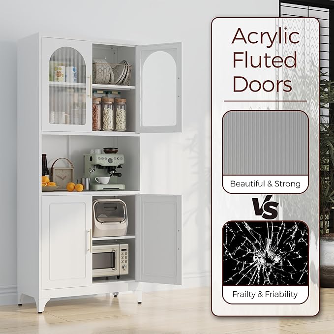 75" Tall Kitchen Pantry Cabinet, Metal Storage Cabinets with Acrylic Doors and Adjustable Shelves, Hutch Cabinet with Storage, White Microwave Stand Cabinets for Dining Living Room-Ruum Studio Home