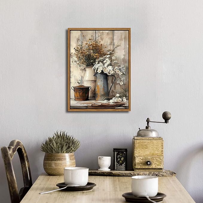 Floating Framed Farmhouse Vintage Canvas Wall Art, Country Floral Daisy Pictures Wall Decor, Wood Grain Art Paintings Poster for Living Room Bedroom Bathroom Rustic Decor 16x24 inch-Ruum Studio Home
