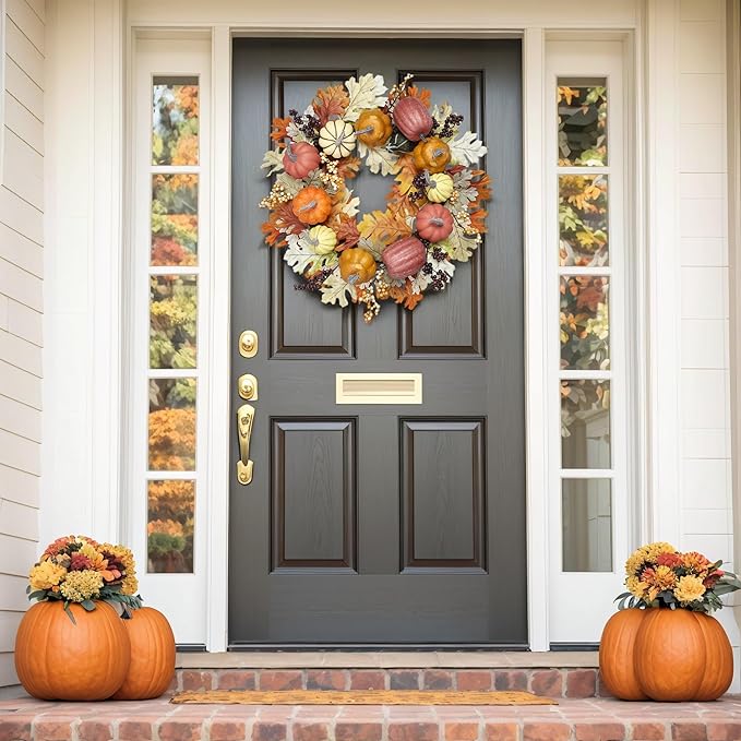 24 inch Fall Wreaths for Front Door Outside Autumn Wreath Fall Decorations for Home Decor Pumpkin Wreath for Farmhouse Holiday Thanksgiving Harvest Halloween Outdoor Indoors Fall Front Porch-Ruum Studio Home