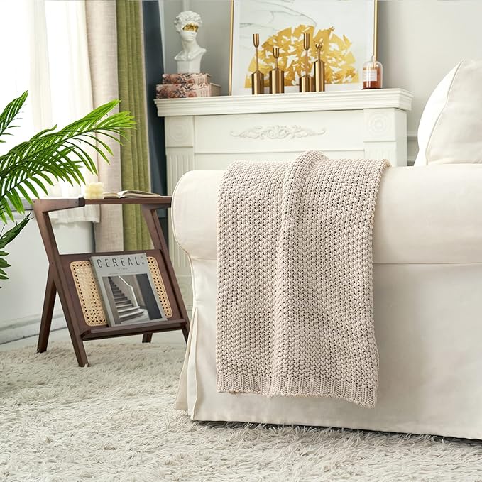 Longhui bedding Chunky Cable Knit Throw Blanket Lightweight Beige 100% Organic Cotton Blanket for Sofa Couch Bed Baby Nursery, Rustic Shabby Chic Modern Farmhouse, 51” x 63” Give Laundering Bag-Ruum Studio Home