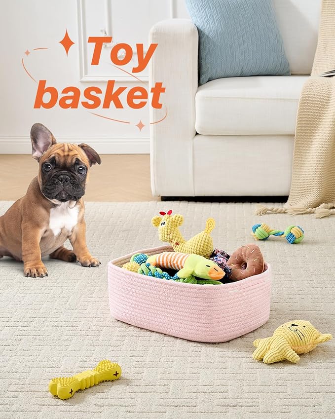 KALLAX Small Woven Basket, 13.5 x 9.5 x 5 Inches, Storage Basket for Organizing, Cute Small Rope Shelf Closet Cube Storage Bins Baskets for Shelves, Dog Toy Gift Baskets Empty, 3 Pack Light Pink-Ruum Studio Home