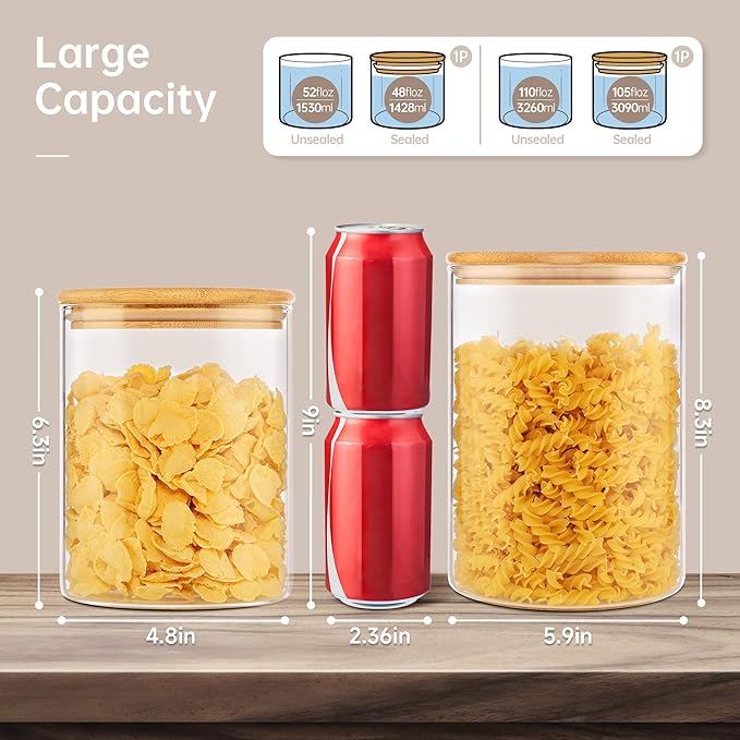 Extra Large Glass Flour and Sugar Storage Containers with Airtight lid,105 floz x1 & 48 floz x1 [Set of 2] Big Glass Jars with Bamboo Lids, Air Tight Food Jar for Cereal, Pasta, Rice, Coffee-Ruum Studio Home