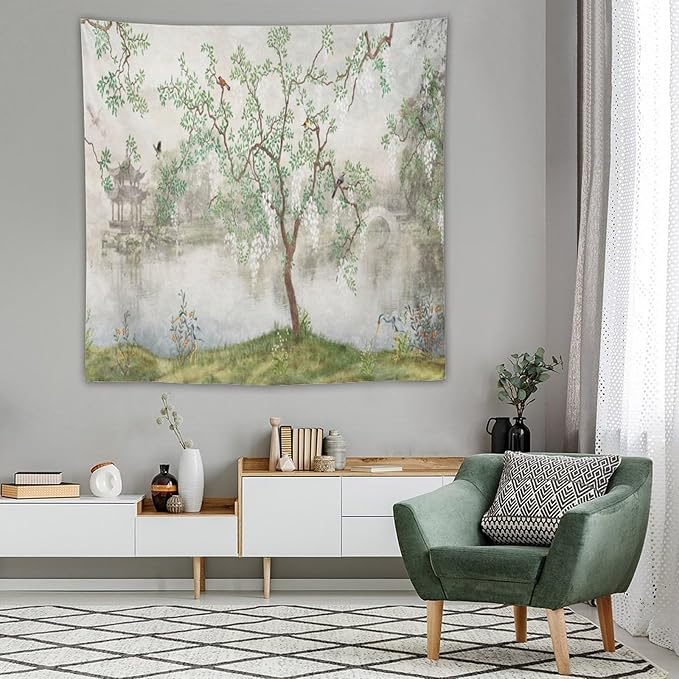 HZOHNAGO Japanese Tapestry Tree Misty Garden Lake Printed Wall Tapestry Ink Painting Wall Hanging for Bedroom Living Room Dorm 60" W x 60" H-Ruum Studio Home