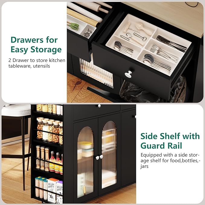 Kitchen Island with Drop Leaf & Power Outlet, Rolling Kitchen Island on Wheels with Trash Can Storage, Island Table Bar Cart with Spice Rack, Towel Rack, Drawers, Mobile Kitchen Carts on Wheels-Ruum Studio Home