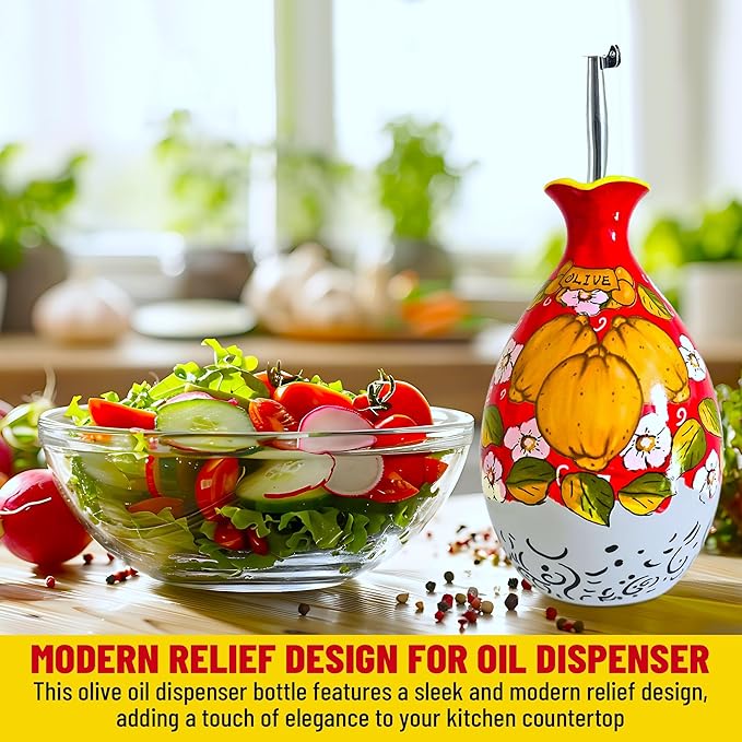 Hand-Painted Ceramic Olive Oil Dispenser Bottle – 40oz Decorative Stoneware Cruet with Stainless Steel Pour Spout – Elegant Kitchen Oil & Vinegar Container, Ideal for Coffee Syrups & More-Ruum Studio Home