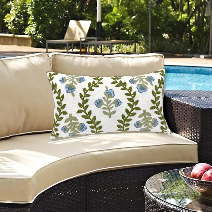 Alysheer Summer Floral Embroidered Decorative Throw Pillow Cover 12"x 20", Farmhouse Blue Flowers Green Leaves Patterned Cotton Canvas Lumbar Cushion Case for Sofa Couch Living Room Cottage Decor-Ruum Studio Home