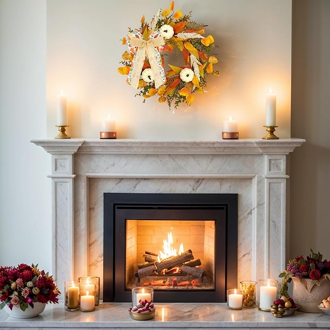CYANBLOOM Fall Wreaths for Front Door: Rustic 20-22 Inch Bow Wreath with Golden Eucalyptus, White Pumpkins & Wheat - Lovely Warm Vibes Outdoor Indoor Farmhouse Decor for Halloween Thanksgiving Autumn-Ruum Studio Home