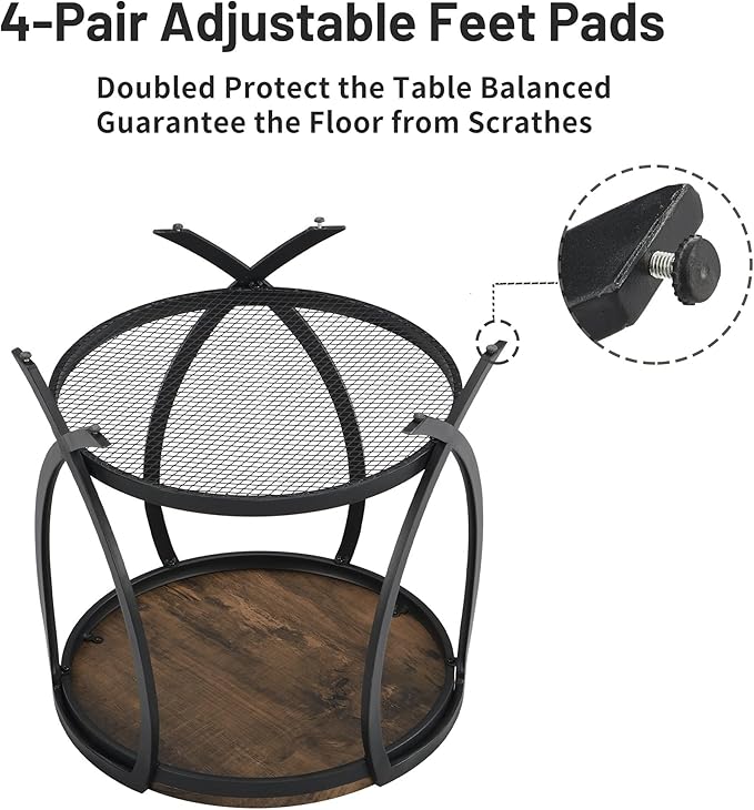 ASYA Industrial Round End Table with Storage Shelf, 2-Tier Side Table for Living Room, Adjustable Feet & lmitation Wood Grain Surface, Rustic Brown-Ruum Studio Home