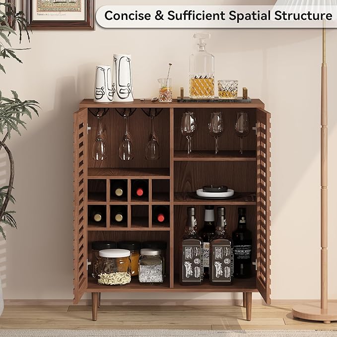 Mid Century Bar Cabinet with Wine Racks, Modern Liquor Cabinet with Slatted Doors for Dining Room, Living Room (Walnut Color)-Ruum Studio Home