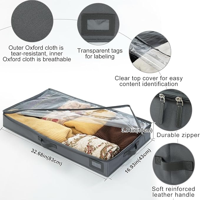 4-Inch Under Bed Storage Containers, Low Profile UnderBed Storage Organizer, Under Crib/Couch Storage Box for Seasonal Clothing, Sweaters, Shoes, Blankets, Wrapping Paper, Sheets & Toys 33"L×17"W×4"H-Ruum Studio Home