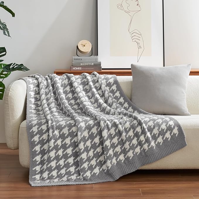 Snuggle Sac Houndstooth Throw Blanket for Couch, Reversible Super Soft Warm Blankets Cozy Knit Fuzzy Plush Lightweight Throws for Sofa, Bed, Camping, Grey,50x60 inches-Ruum Studio Home