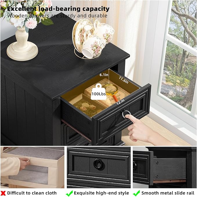18" Farmhouse Night Stand with 3 Drawers, Wood End Table Dresser for Bedroom, Black Nightstand, Bed Side Table with Metal Handle, Bedside Cabinet for Bedroom Living Room, Closet-Ruum Studio Home