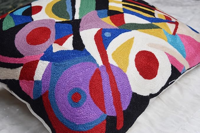 Kandinsky Impulse Modern Decorative Pillow Cover Black Abstract Toss Pillowcase Farmhouse Chair Cushion Contemporary Pillow Mid-Century Chair Cushions Hand Embroidered Pillow Wool Size 18x18-Ruum Studio Home