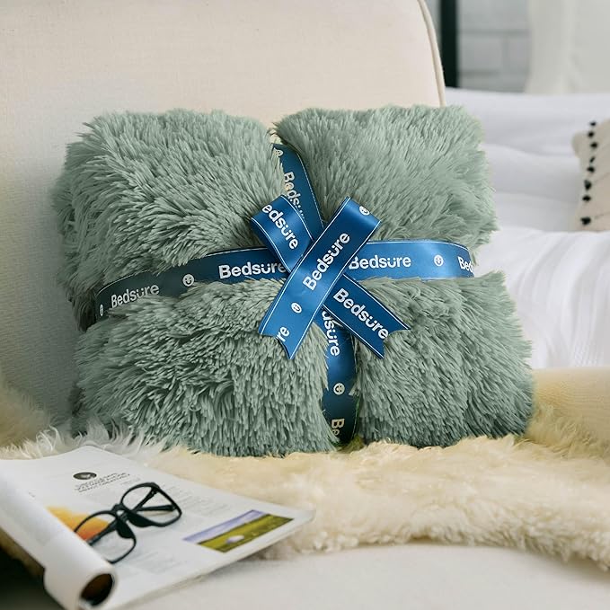 Bedsure GentleSoft Fluffy Sage Green Blankets Queen Size for Bed, Thick Sherpa Faux Fur Fleece Fuzzy Plush Winter Warm Soft Queen Blankets, Bedroom Decor Sage Green Cozy Gifts for Women Men, 90x90-Ruum Studio Home