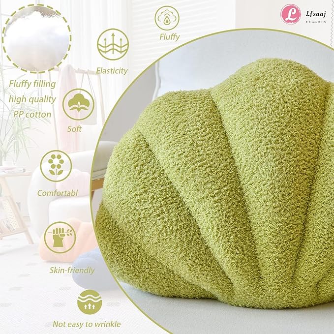 Green Seashell Throw Pillows, Shell Shaped Throw Pillows, 13 Inch Soft Home Decorative Pillow Plush Cushion for Bed Couch Living Sofa Room Decor Accent Throw Pillow-Ruum Studio Home