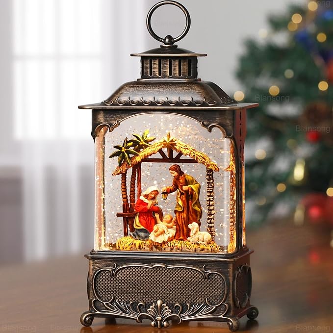 Nativity Snow Globe Lantern Christmas Decorations Gifts Auto Snowfall Glitter Music Collection Manger Sheep Pen Nativity Scene with 6H Timer USB/Battery Powered 10.2 inch-Ruum Studio Home