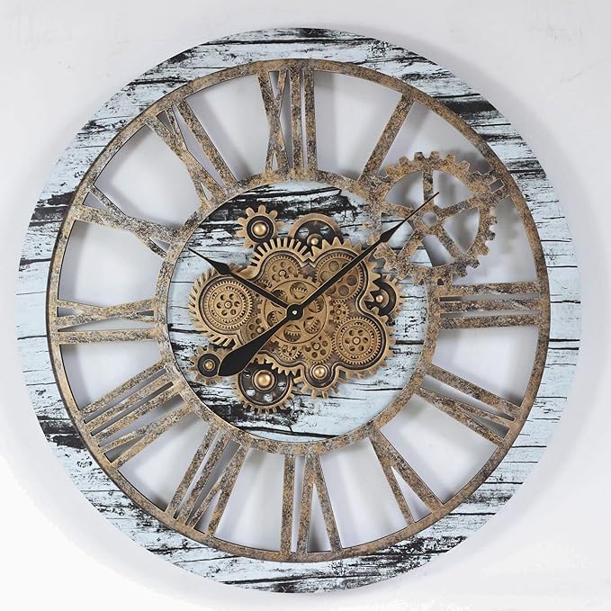 The Gears Clock 36'' Inch Real Moving Gear Wall Clock Vintage Industrial Oversized Rustic Farmhouse (Vintage Grey and White)-Ruum Studio Home
