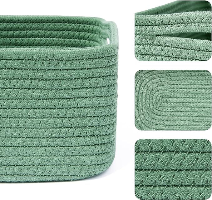 Small Storage Baskets for Organizing | Closet Organizer Bins | Shelf Toy Basket | Woven Rope Baskets | Cube Decorative Box | Shallow Basket | 13x8.5x5.1” | 4 Packs Green-Ruum Studio Home