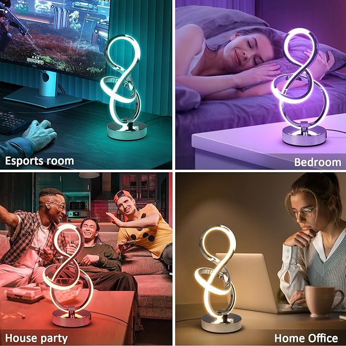 Modern Spiral Table Lamp, 7 Colors 10 Light Modes LED Nightstand Small Lamp with USB C+A Ports, Touch Dimmable Lamps for Living Room Bedroom Bedside, Unique & Cool Lamps,Silver-Ruum Studio Home