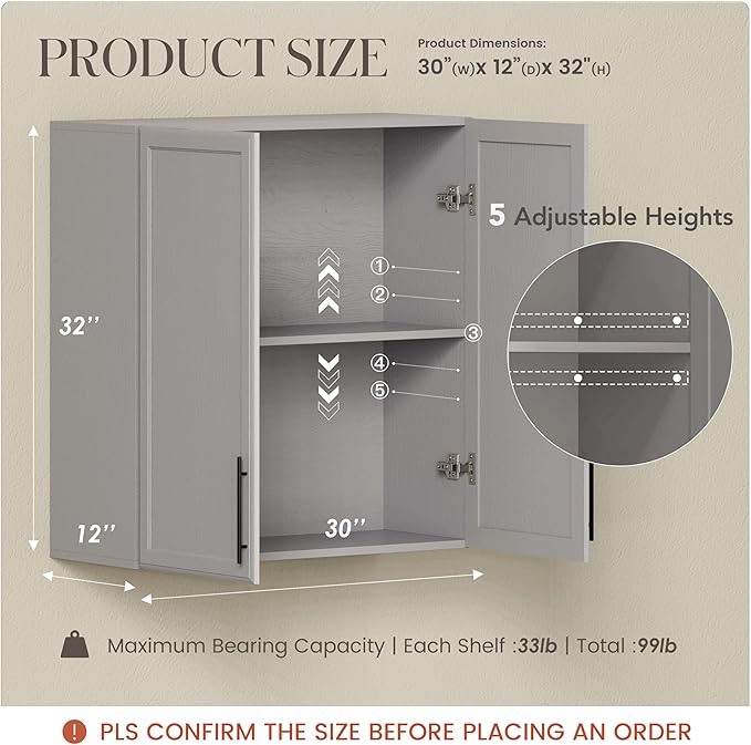 FIMELLO 30" Kitchen Wall Storage Cabinet with Adjustable Shelf, Laundry Cabinet with Doors, Bathroom Storage Cabinet Wall Mount, Storage Cabinet for Bathroom, Kitchen, Laundry Room Cabinet, Grey-Ruum Studio Home