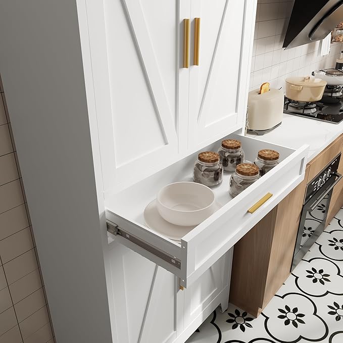 71 "Farmhouse Metal Filing Cabinet with a Drawer and 4 Adjustable Shelves, with 4 Large barn Door White Kitchen Cabinets, Metal Food Cabinets for Home, Kitchen, Dining/Living Room (White)-Ruum Studio Home