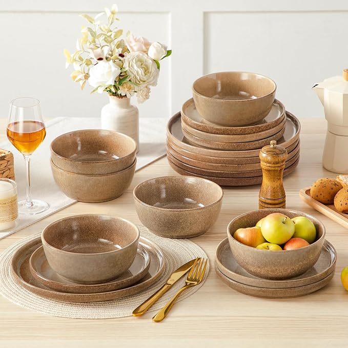 vancasso ANYA 18 Pieces Plates and Bowls Set, Caramel Dinnerware Sets, Reactive Glaze Dishes Set for 6, Ceramic Dishware Sets Kitchen Dinner Set, Microwave & Dishwasher Safe-Ruum Studio Home
