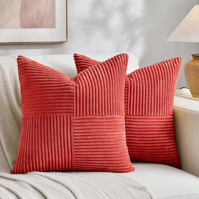 Fancy Homi 2 Packs Red Euro Decorative Throw Pillow Covers 26x26 Inch for Couch Bed Sofa, Holiday Christmas Home Decor Gift, Soft Corss Corduroy Patchwork Textured Square Cushion Case 66x66 cm-Ruum Studio Home