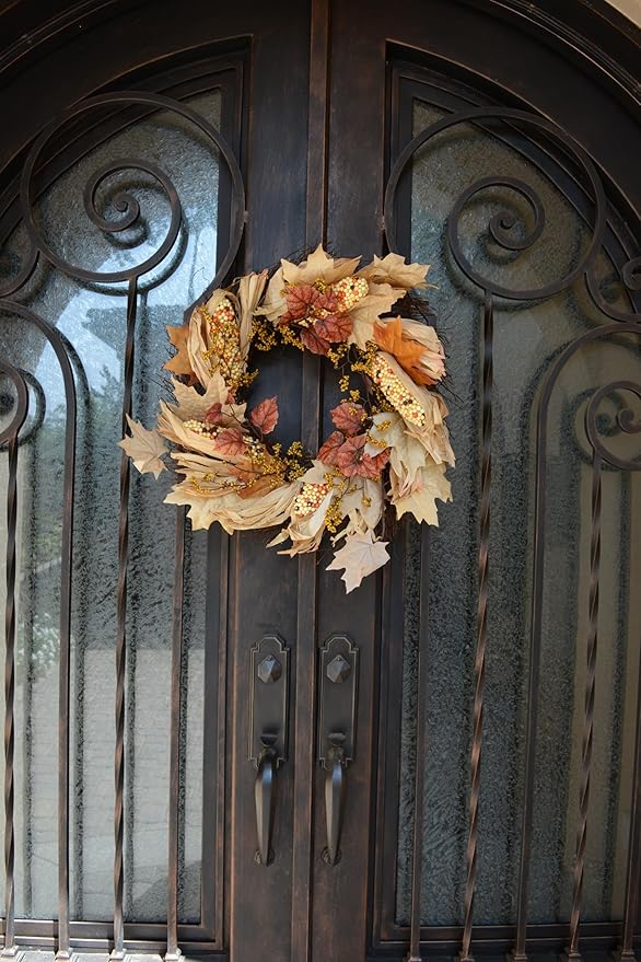 Admired By Nature Autumn Corn Husk Wreath - 26" Natural Fall Color Artificial Wreath - For Home Decor, Offices, Weddings, Events, Parties, Thanksgiving-Ruum Studio Home