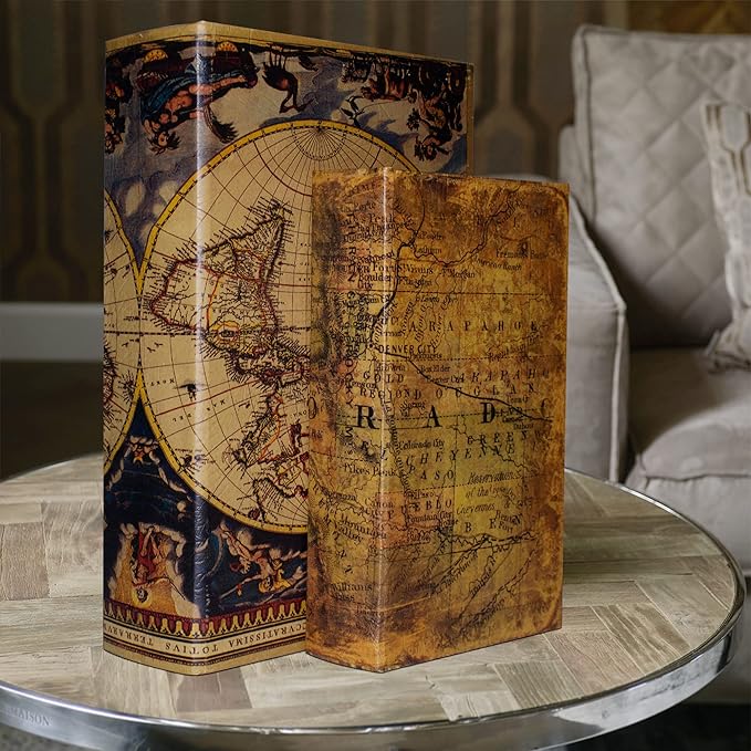 Decorative Book Box Set of 2, Trinket Keepsake Storage Boxes Book Shaped Storage Box Vintage Style Decorative Faux Books Boxes Globe Antique Books for Home Decoration Old World Map Pattern-Ruum Studio Home