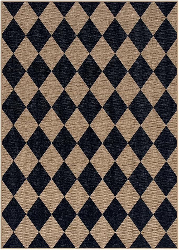 Lahome Checkered Easy Jute Outdoor Rug, 5x7 Area Rugs for Living Room Nature Large Dining Room Carpet, Farmhouse Outdoor Patio Non Slip Diamond Carpet for Home Office Bedroom Backyard Deck-Ruum Studio Home