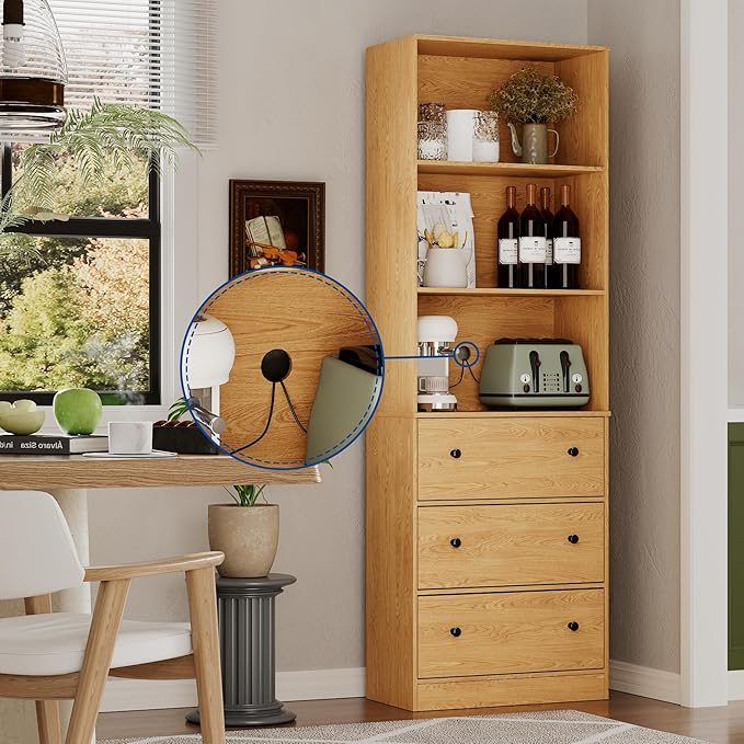 71" Tall Bookshelf with Storage, Bookcase with Drawers, Farmhouse Wooden Corner Book Shelves, Mid Century Modern Book Shelf Wall Standing Home Decor Furniture for Living Room, Bedroom, Office, Kitchen-Ruum Studio Home