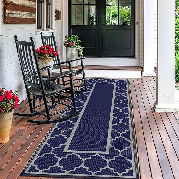 GENIMO 2.5 ' x 8 ' Outdoor Rug for Porch Patio Clearance, Waterproof Indoor Outdoor Plastic Straw Rugs Carpet, Reversible Outside Area Rv Mat for Camping, Balcony, Deck, Picnic, Beach (Blue & Gray)-Ruum Studio Home