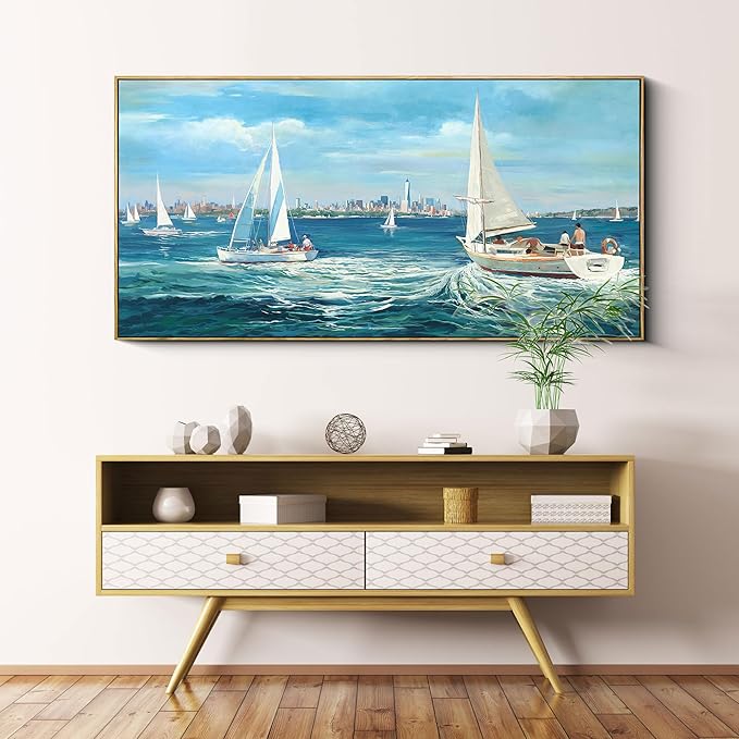 XLSJERST Large Blue Canvas Wall Art Seascape Painting - Landscape Picture Textured Navy Modern Sailboat Ocean Artwork Framed for Living Room Bedroom Bathroom Home Office Wall Decor Large Size 29"x58"-Ruum Studio Home