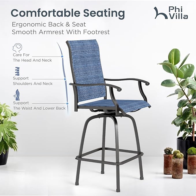 PHI VILLA 3 Piece Outdoor Bar Set, High Top Patio Bistro Table and Bar Chairs with Blue Textilene Fabric & Rustproof Metal Frame for Backyard, Balcony, Garden & Poolside-Ruum Studio Home