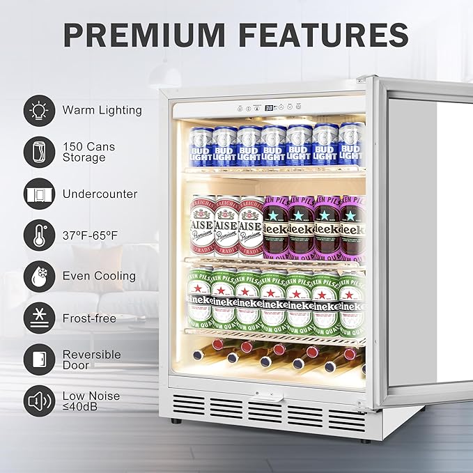 Beverage Refrigerator 24 Inch Drink Fridge, Beer Fridge, 150 Cans Beverage Cooler, Under Counter Refrigerator, Drink Cooler Undercounter Outdoor Refrigerators, Single Glass Door Bar Fridge-Ruum Studio Home