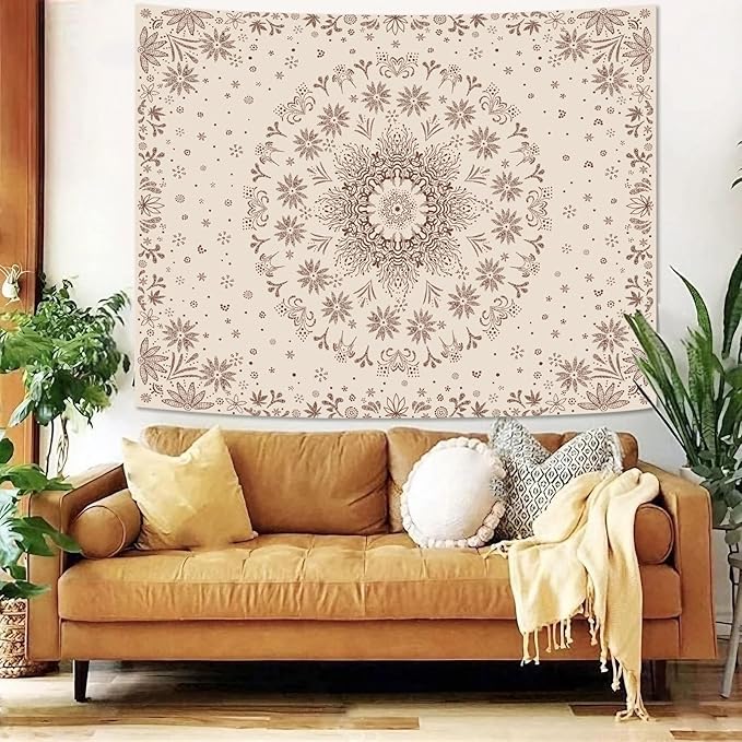 Fowocu Boho Floral Mandala Tapestry Wall Hanging Bohemian Flower Medallion Tapestry Aesthetic Beige Brown Hippie Indian Small Tapestries for Bedroom Living Room Dorm Decor 60 x 44 Inch-Ruum Studio Home