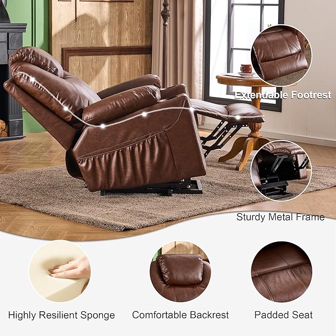 SALOHZA Power Lift Recliner Chair for Elderly with Massage and Heat for Living Room, Electric Recliner Chair for Adults with USB/Type C Port/Cup Holders, PU Faux Leather, Dark Brown-Ruum Studio Home