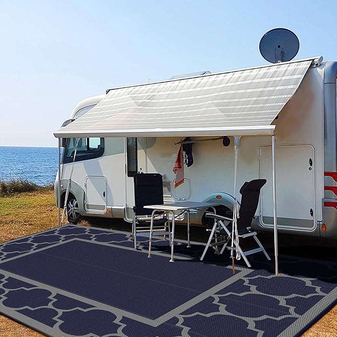 GENIMO 10 ' x 14 ' Outdoor Rug Waterproof for Patio Decor, Foldable Reversible Plastic Straw Area Rugs Mat for Camper, Outside Carpet for Rv, Deck, Porch, Picnic, Beach, Balcony, Blue & Grey-Ruum Studio Home