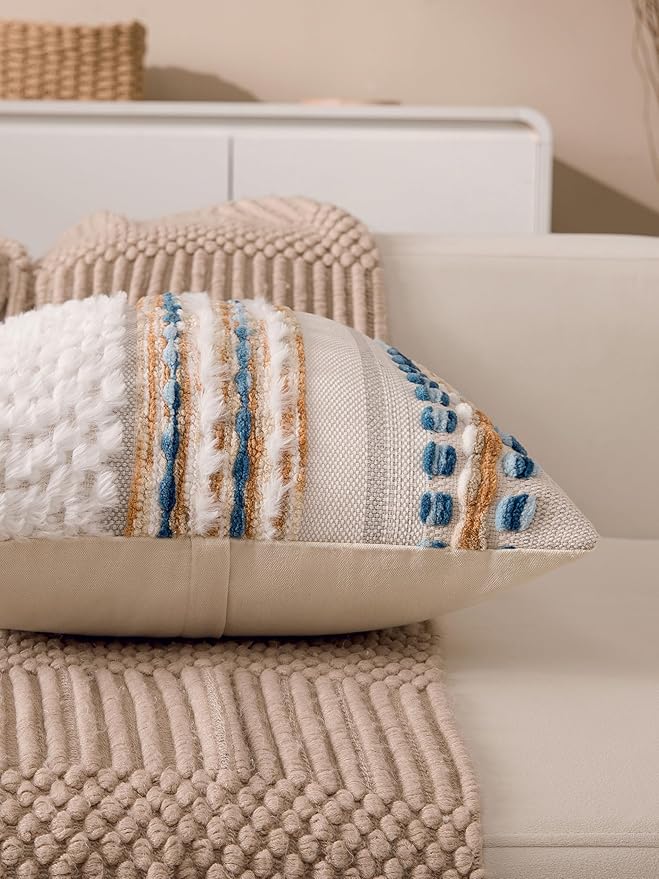 Boho Chenille Tufted Couch Throw Pillow Covers 18x18 Inch Set of 2 Farmhouse Striped Decorative Pillow Covers Accent Neutral Pillowcase Caramel Brown Blue Cushion Cover for Livingroom Sofa Bed-Ruum Studio Home