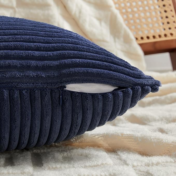 Fancy Homi 2 Packs Navy Blue Lumbar Decorative Throw Pillow Covers 16x32 Inch for Living Room Couch, Rustic Farmhouse Boho Home Decor, Soft Striped Corduroy Rectangle Accent Cushion Case 40x80 cm-Ruum Studio Home