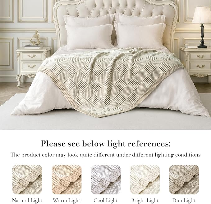 Amélie Home Chenille Knit Throw Blanket for Couch, Checkered Texture Decorative Soft Blanket for Sofa, Bed & Living Room, 50"x60", Khaki & White-Ruum Studio Home