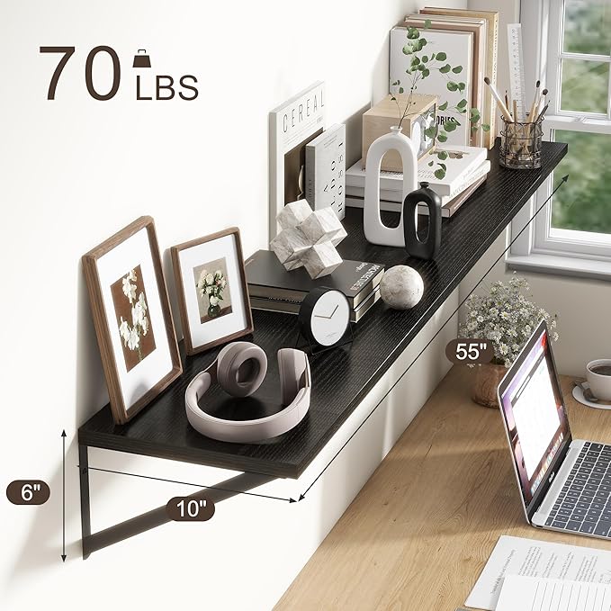 Floating Shelves 55 Inch Long, 10" Deep Floating Shelves, Black Wall Shelves 55 x 10, Set of 2, Wide Large Display Storage Shelves for Bathroom, Living Room, Rustic Wood Shelves with Brackets-Ruum Studio Home