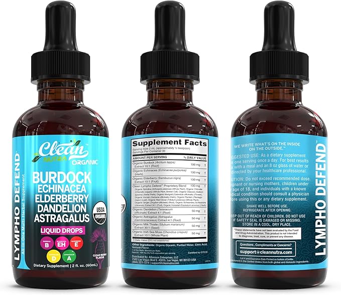 Organic Lymphatic Drainage Supplement | Lymphatic Support Drops | Burdock Root Echinacea Elderberry Dandelion Astragalus Milk Thistle Sea Moss Red Clover Cleanse Marigold Drop by Clean Nutra-Ruum Studio Home